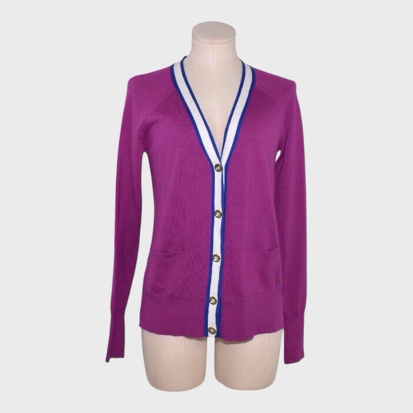 Juicy Couture Sweaters - Juicy Couture Magenta Varsity Cardigan with Striped Trim